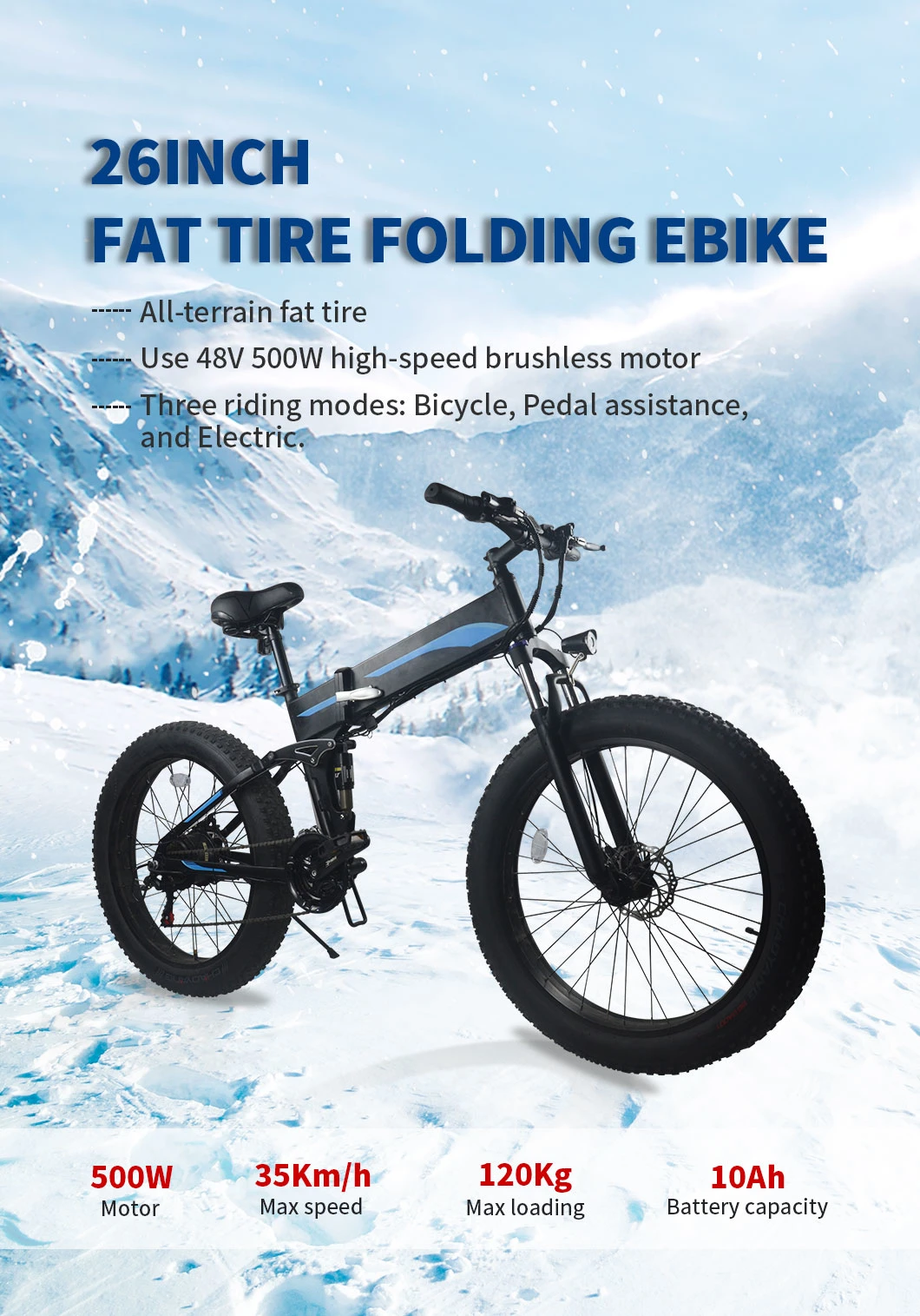 500W 26&prime;&prime; Fat Tire Electric Fat Bike Folding Bike